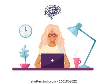 A young girl sits at a table with a laptop and feels sad or depressed. Conceptual illustration about burnout, learning problems, self-doubt, fatigue. Cartoon vector illustration isolated on white