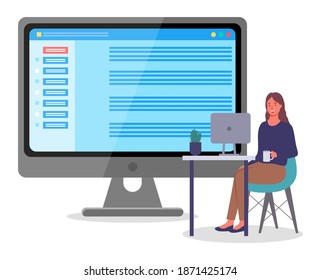 Young girl sits at table with monoblock, holds coffee in her hand, cactus on table, huge conceptual monitor with web chat or webinar. Online conference, employees, partners or colleagues communicate