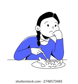 A young girl sits at the table, poking at her food with a fork while looking uninterested. Her expression reflects reluctance, loss of appetite, or boredom, portraying a common childhood mealtime struggle