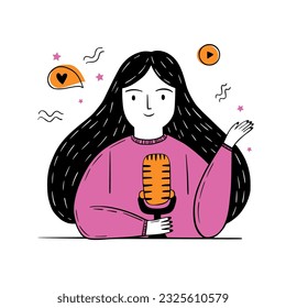 Young girl sits  table and records  podcast and holds microphone in hand while waving other hand. Doodle illustration with pink and orange color.