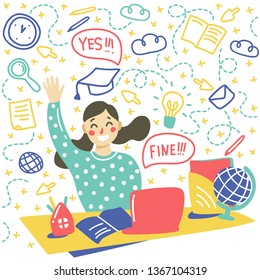 A young girl sits at the table and waves her hand. The concept of home schooling, online education. Vector illustration cartoon style
