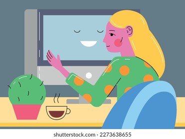 Young girl sits at the workplace. Character successfully passed test or exam. Distance learning and education, accepted. Cartoon flat vector illustration. Business Woman Working on Personal Computer