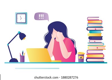 Young girl sits at workplace and cries. Cute woman has learning problems. Female student gets upset and worried about university. Concept of burnout and stress. Trendy flat vector illustration