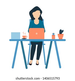 A young girl sits at the workplace, freelance designer, full-time office employee, cactus and a cup of coffee on the table, woman professional vector illustration