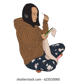 young girl sitting barefoot in Lotus position and embroiders. vector illustration