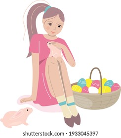 Young girl sitting with basket of painted eggs and small rabbit. Easter spring illustration can be used as festive design template. 