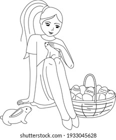 Young girl sitting with basket of painted eggs. Easter spring festive template. Black and white contour linear illustration can be used for coloring book. 