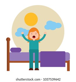 young girl sitting in bed stretching waking up vector illustration