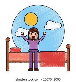young girl sitting in bed stretching waking up vector illustration drawing image design