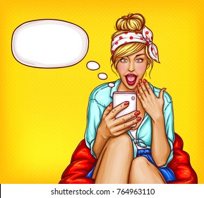 A young girl sitting in a chair with an amazed face and an open mouth looks into the smartphone and reads the SMS that has come, correspondence. Excellent poster in the style of pop art.