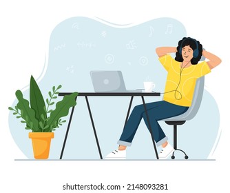 A young girl is sitting in a chair and enjoying listening to music or a podcast with headphones. The concept of podcast, blogging. Vector flat cartoon illustrations isolated on a white background.