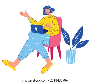 Young girl is sitting in a chair with a laptop. Working video call, online communication. Freelance or studying concept. Remote work, urgent meeting. Comfortable pose. Vector flat illustration.