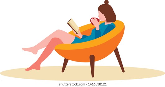 Young girl sitting in chair vector illustration. Flat female character holding book and cup of coffee. Retro style. Isolated on white background.
