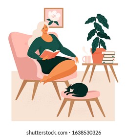 Young girl sitting in comfortable armchair and drinking tea or coffee in room furnished in Scandinavian style. Woman spending evening time at home. Colored vector illustration in flat cartoon style.