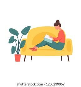 Young girl sitting in comfortable couch and and flipping through the magazine . Woman spending evening time at home. Colored vector illustration in flat cartoon style.