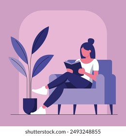 Young Girl Sitting in Comfortable Couch and Flipping Through the Magazine: Relaxation and Leisure Concept. Cozy Living Room Scene with a Female Character Enjoying Her Reading Time