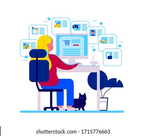 Young girl sitting at computer table. Online shopping, using web services, apps. Order food online, taxi, doctor consultation, social network, blogging, remote working etc. Vector flat illustration.