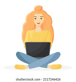 A Young Girl Sitting Cross Legged On The Floor And Holding Laptop. Vector Illustration.