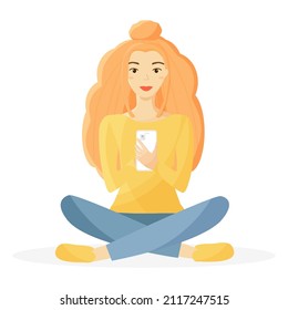 A Young Girl Sitting Cross Legged On The Floor And Holding Smartphone In Hand. Vector Illustration.