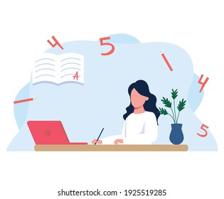 Young girl  sitting at her Desk and looking at the computer, office at home. Girl distance learning with laptop, flat cartoon vector illustration isolated