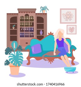 Young girl is sitting at home on the sofa, stroking a cat, taking a foot bath. Woman  makes a hot tub for her feet. Relaxing at home. Self-care procedures. Vector illustration in flat style.
