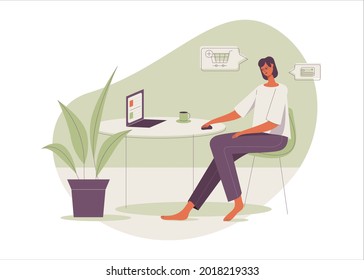 young girl sitting at home, online shopping, flat vector illustration