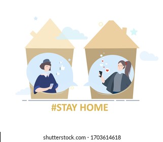Young girl sitting at home and using phone. Women communication in a speech bubbles. Cartoon vector art illustration isolated on white background.