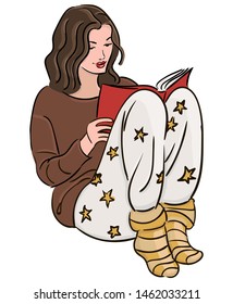 Young girl sitting. Hygge. Colored vector illustration in flat cartoon style.