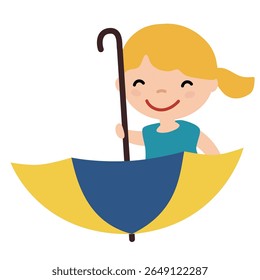 A young girl sitting inside an open yellow and blue umbrella, smiling happily. Nursery and kindergarten illustration for child protection concept.
