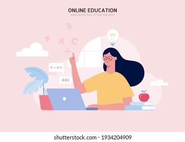 Young girl sitting at laptop and having an online class at home, concept of remote learning or tutorial in flat design