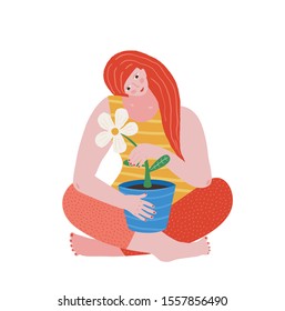 Young girl sitting with legs crossed holding flower pot with flower urban print design for apparel or greeting card. Color blocks woman figure sitting and flower, urban people vector illustration.