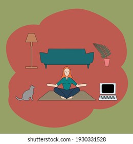 Young girl sitting in a lotus pose gets familiar at home with an online fitness program to stay fit during self-isolation. Quarantine-friendly self-care concept