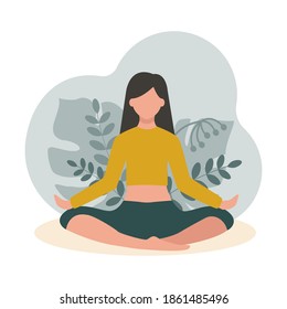 The young girl is sitting in the Lotus position on a background of plants. Yoga in nature. Meditation, relaxation. Vector flat illustration isolated on a white background