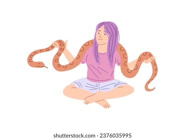 Young girl sitting in lotus position and holds an orange snake in hands. Vector cartoon happy owner of exotic domestic pet reptile. Flat illustration human home rare animal isolated on white