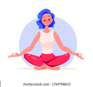 Young girl sitting in lotus yoga asana pose wink smiling. Mental health, emotions control and personal harmony concept. Time for yourself. Vector flat illustration, cartoon style.