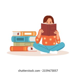 Young girl sitting near pile of books and reading book. Vector flat illustration.