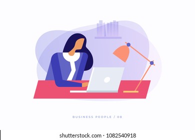 Young girl sitting in office and working on laptop looking at screen. Business lady or company worker. Colorful flat vector illustration for website, presentation and promotional materials. 