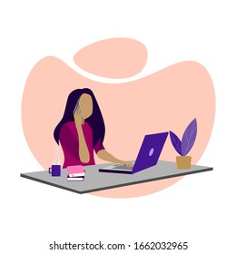 Young girl sitting in office and working on laptop looking at screen and talking on the phone. Business lady or company worker. Colorful flat vector illustration for website, presentation