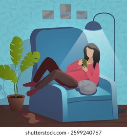 Young girl is sitting on an armchair and using a phone at home. Woman running remotely on freelance, job on smartphone, communicates through social networks. Vector illustration in flat style