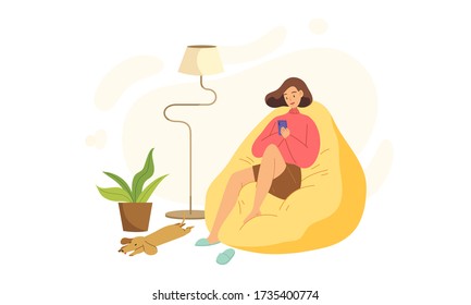 Junge Mädchen sitzt auf Bohnensack und benutzt ihr Smartphone mit Hund auf dem Boden gelegt. Zeichentrickfigur für flache Vektor-Illustration. Konzept der Erholung, Entspannung, Aufenthalt zu Hause, Freizeit, Wohnzimmer.