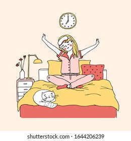 A young girl sitting on the bed with a cute cat and palanning her morning routine. Woman selfcare concept. Bedroom minimalist interior in pastel colors. Vector illustration in hand drawn style