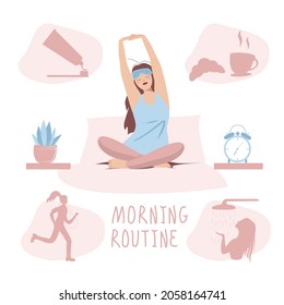 A young girl is sitting on the bed in the morning stretching. The morning routine includes brushing teeth, showering, breakfast, running outside. Vector illustration in hand-drawn style