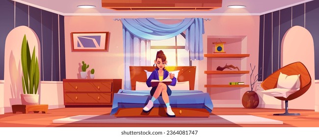 Young girl sitting on bed in bedroom reading book. Cartoon home interior - bright and cozy room flooded with sunlight with wooden furniture, window with curtains, decor on shelves and plant in pot