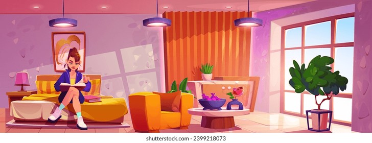 Niña sentada en la cama en el dormitorio leyendo libro. Dibujo vectorial de dibujos animados de acogedores interiores con flores y pintura decorativa en la pared. Mujer relajándose o estudiando solo con un libro.