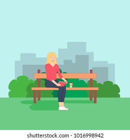 Young girl is sitting on the bench with book in her hands, reading it and drinking coffee. Resting woman. Flat style vector illustration. Banner, poster with modern city background. For print, web.