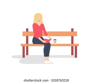 Young girl is sitting on the bench with book in her hands, reading it and drinking coffee. Resting woman. Flat style vector illustration. Banner, poster background, isolated on white. For print, web.