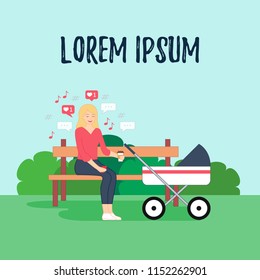 Young girl is sitting on the bench, holding coffee mug in one hand and smartphone in other, reading messages. Notification icons are located around her head. Flat style vector illustration.