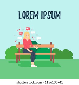 Young girl is sitting on the bench, holding coffee mug in one hand and smartphone in other, reading messages. Notification icons are located around her head. Flat style vector illustration.