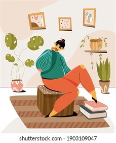 The young girl sitting on the chair, Handheld coffee cup and drinking. The element hand drawn, Vector Illustration flat style.