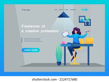 Young Girl is Sitting on a Chair at the Table. Designer Draws on a Tablet. Creative Freelancer. Concept of the Landing Page.